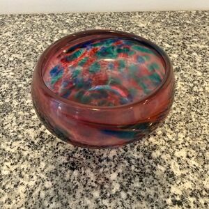 Vintage Art blown Glass Bowl Purple Teal Red Blue Blown Glass